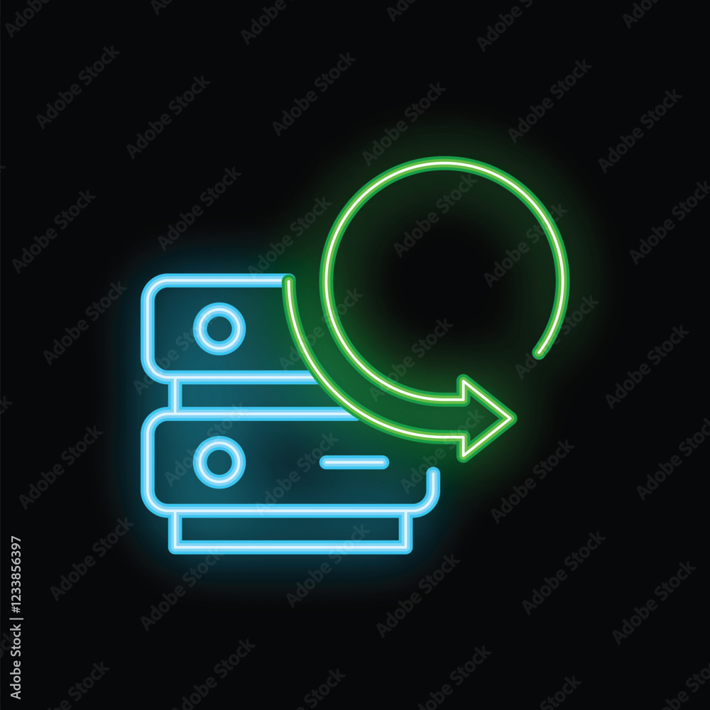 Poster neon server updating icon representing data synchronization process, cloud storage and maintenance