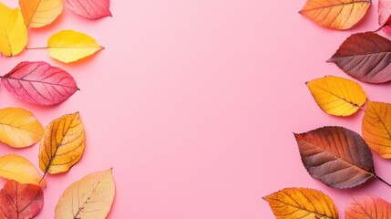 Obraz premium Autumn Leaves Border on Pink Background with Blank Space for Text or Design Elements