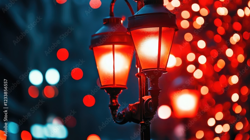 Aufkleber Illuminated vintage street lamps glowing in red during Christmas season against a blurred bokeh background with space for text or graphics