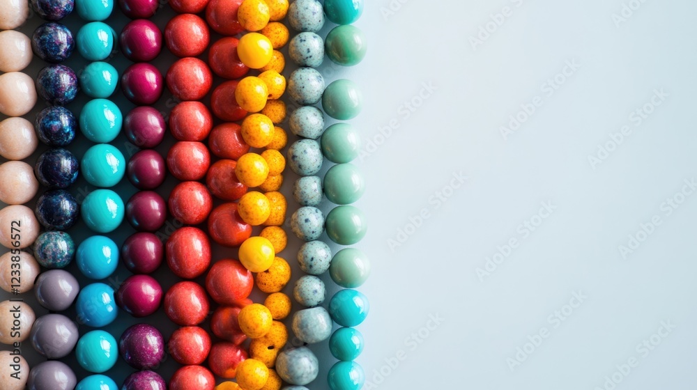 Poster Vibrant Array of Colorful Beads on a Light Background with Copy Space for Creative Text or Design Elements