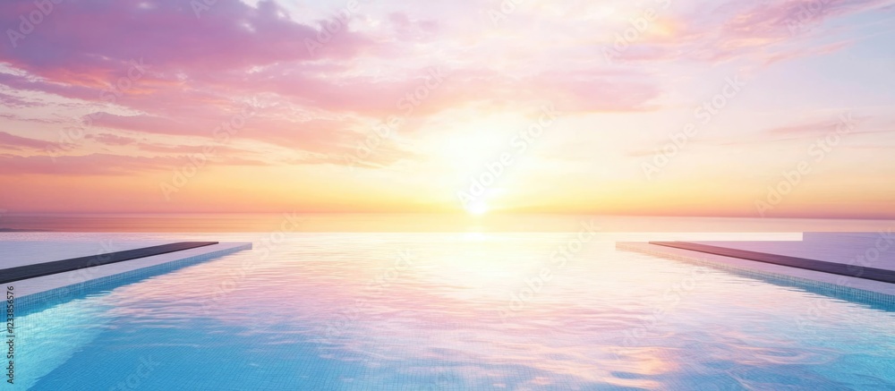 Poster Luxury Infinity Pool with Sunset View Empty Space for Custom Text in Upscale Residence Ideal for Real Estate and Spa Promotions