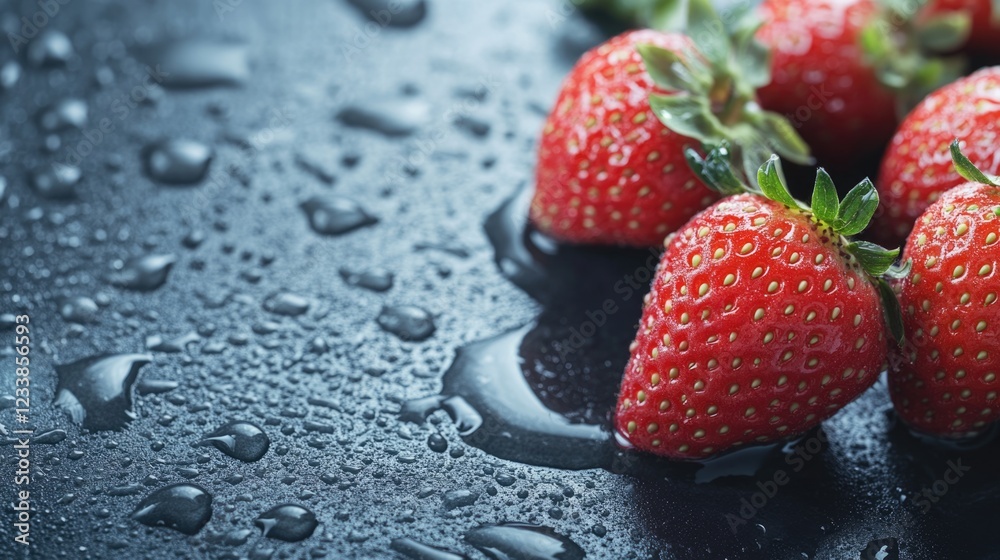 Poster fresh strawberries glistening with water droplets on a dark surface with ample copyspace for text or