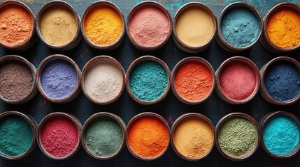 Vibrant assortment of colorful raw powders in ceramic bowls arranged for communal dining with empty space for text and storytelling purposes