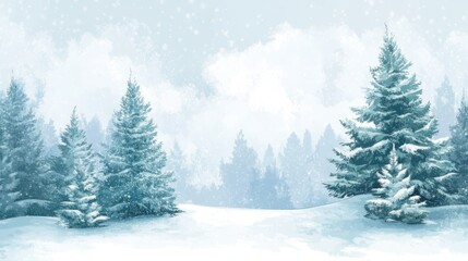 Serene winter forest landscape with snow-covered trees and frosted surroundings ideal for seasonal greetings or promotional text space