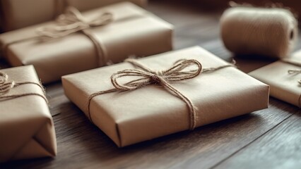 Eco-friendly gift wrapping with kraft paper and twine.
