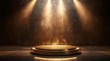 A golden royal awards podium surrounded by radiant spotlights, with premium textures and an elegant stage design