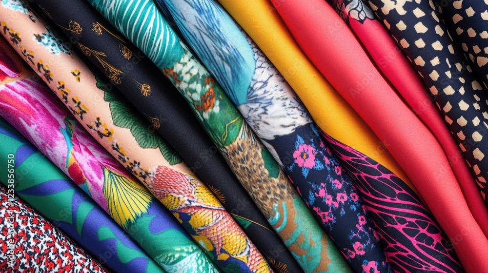 Poster Colorful Array of Distinctive Fashion Fabrics with Blank Space for Custom Text Input