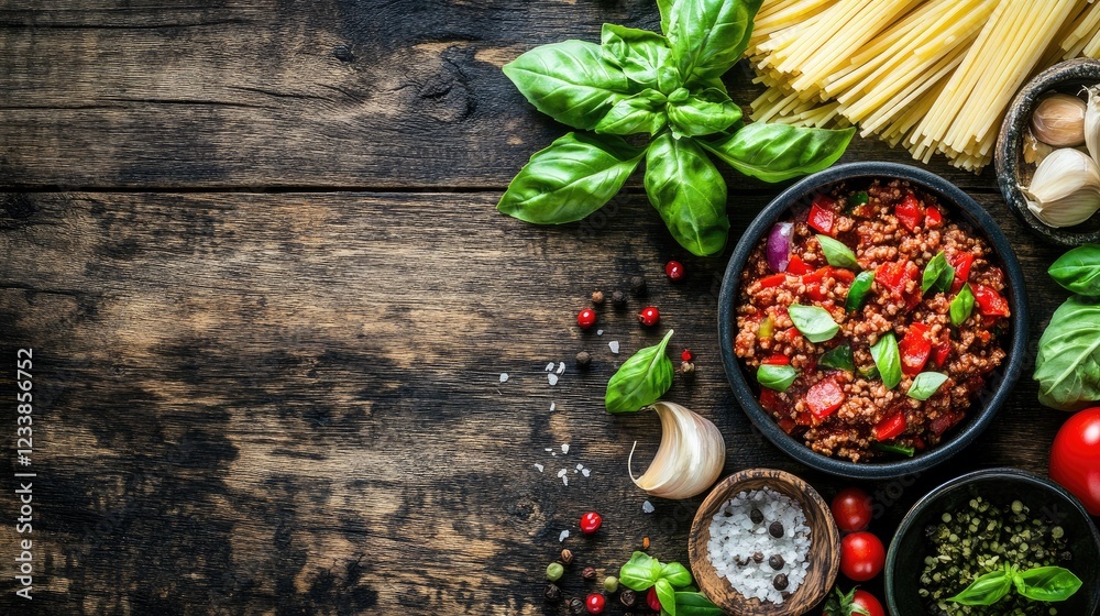 Poster delicious bolognese pasta with minced pork fresh basil tomatoes garlic and spices on rustic wooden t