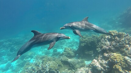 Obraz premium Dolphins Swimming Gracefully Underwater in Vibrant Coral Reef Setting