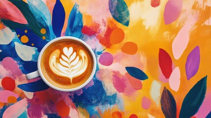 Fototapeta na wymiar Cheerful Coffee Cup atop Colorful Artistic Background with Latte Art Design