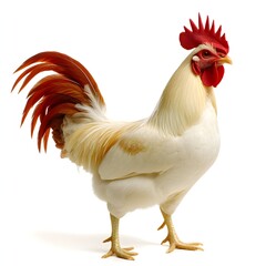 Fototapeta premium White background, full-body side view of a rooster with cream-colored feathers and red tail feathers, standing on the ground. The chicken has its head tilted to one side, showing off its vibrant 