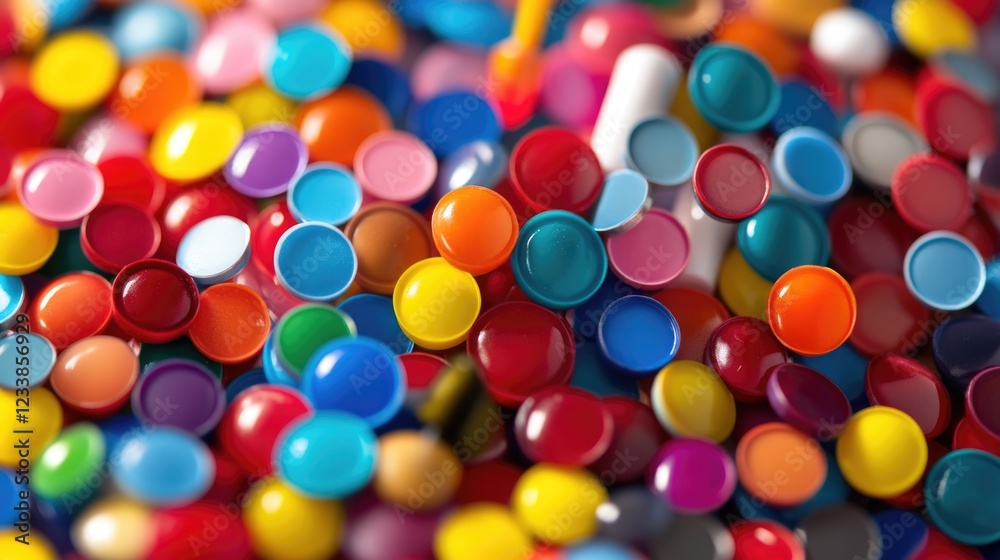 Fototapete colorful assortment of pins and markers with blurred background and empty space for text or creative