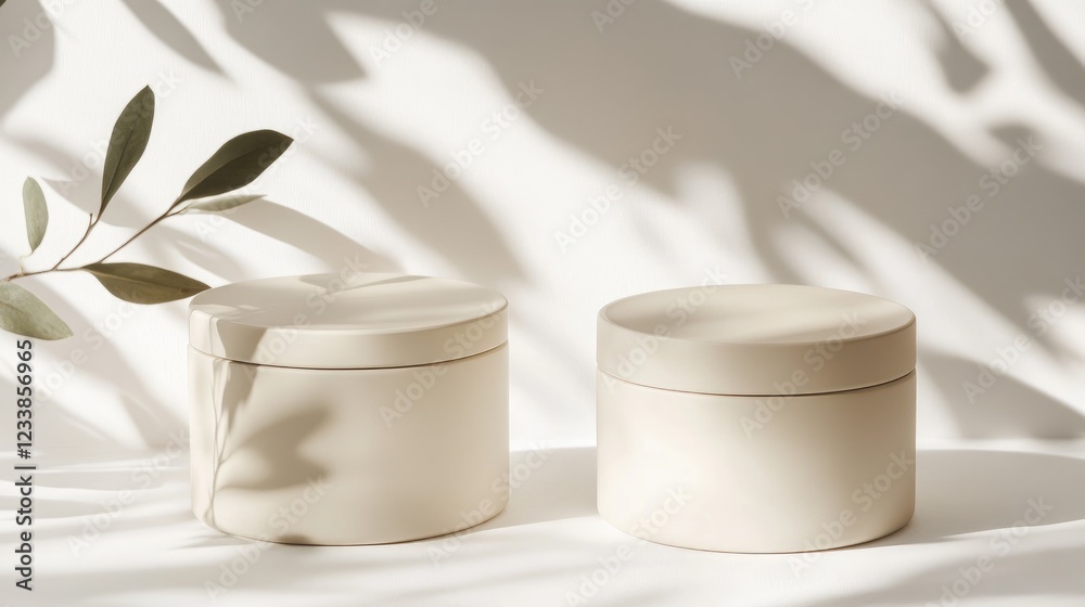 Poster cream containers casting plant shadows on a clean white background for a minimalist aesthetic and pr