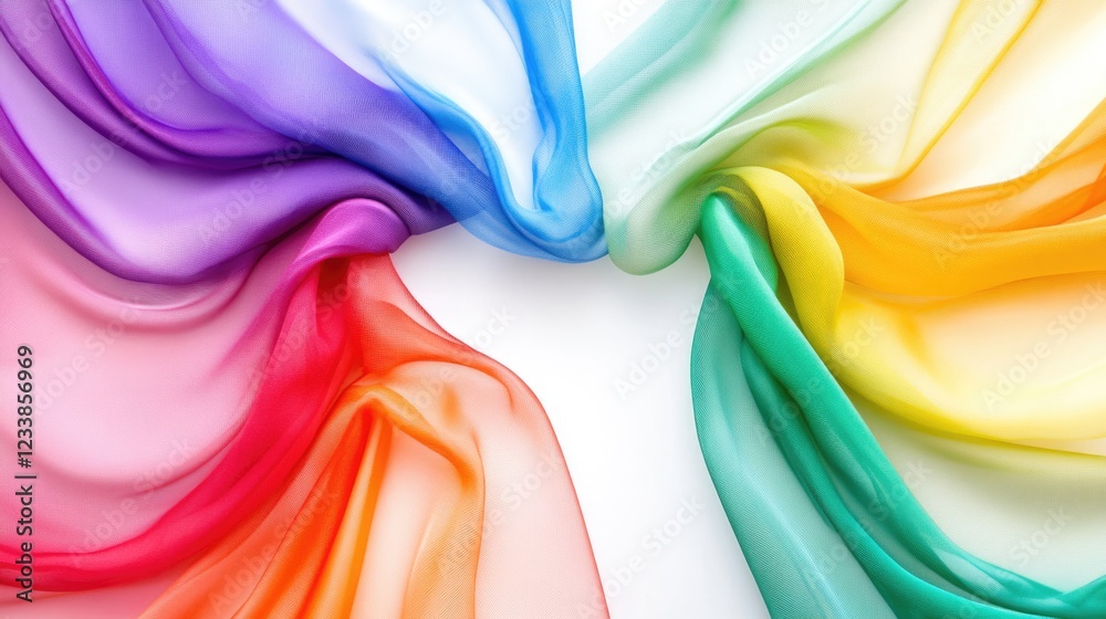 Poster vibrant multicolored silk fabric creating elegant swirls on a white background with ample space for 