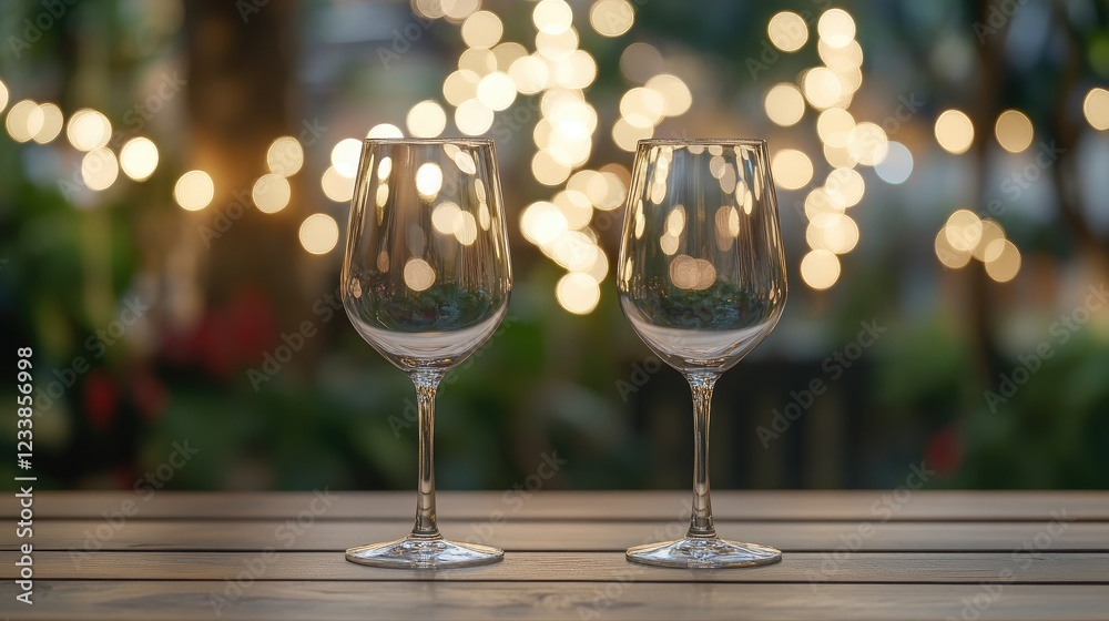 Poster Elegant empty wine glasses on rustic wooden table with artistic bokeh background creating a warm and inviting restaurant atmosphere.