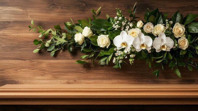 A funeral casket adorned with a luxurious spray of white orchids, roses, and greenery, elegant and serene composition