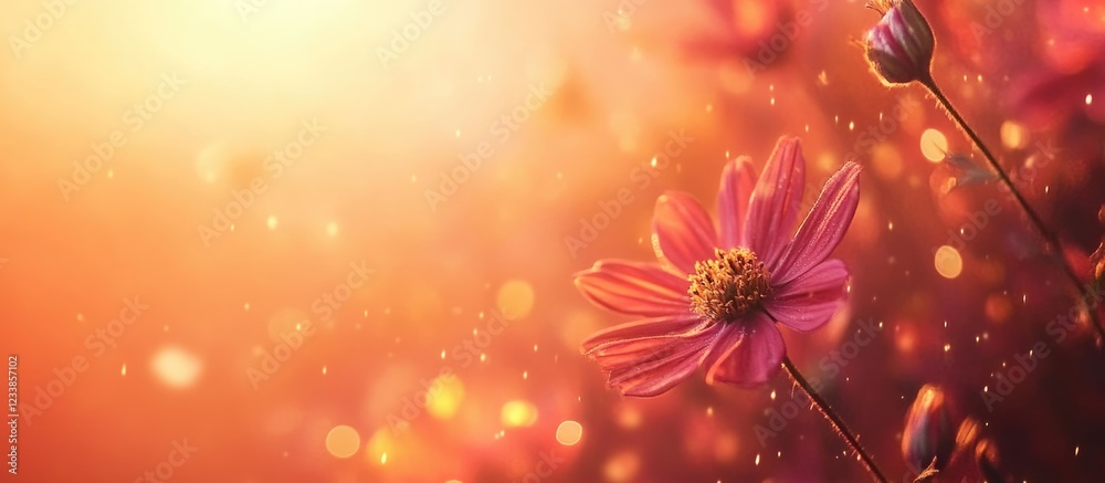 Poster blurry cosmos flowers illuminated by a warm sunset creating a dreamy atmosphere with ample copy spac