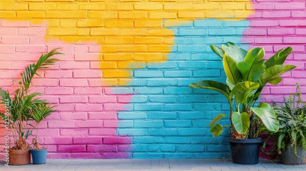 Poster vibrant multicolored brick wall with potted plants and space for text in artistic studio environment