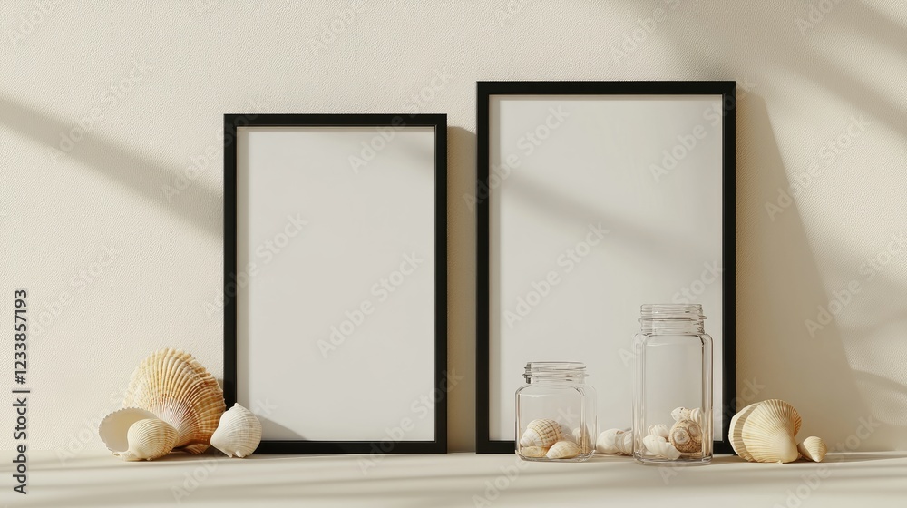 Aufkleber two empty black poster frames beside glass jars filled with seashells creating an elegant art deco s