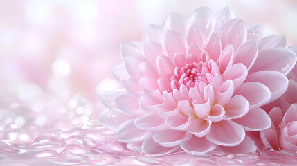 Fototapeta premium Pink chrysanthemum flower in close-up macro shot resting on a wet surface with water droplets under soft bright light.