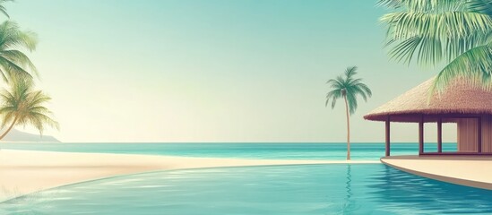 Obraz premium Serene villa pool overlooking an exotic beach with ample blank space for text placement and tropical palm trees in the background.