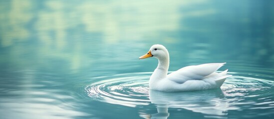Obraz premium Serene white duck swimming in clear lake water with ample space for text and advertising purposes