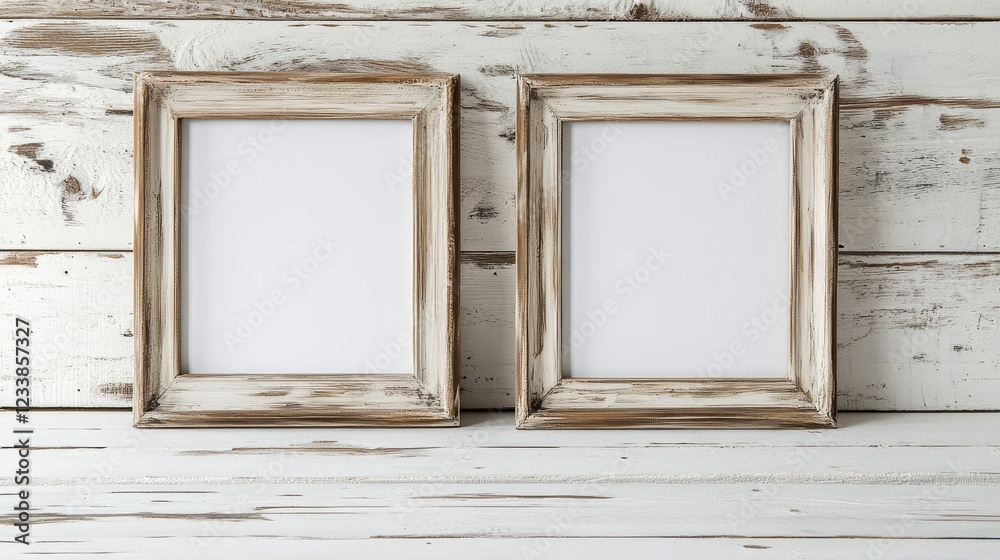 Leinwandbilder two empty vintage picture frames positioned on a rustic whitewashed wood wall for a creative mockup 