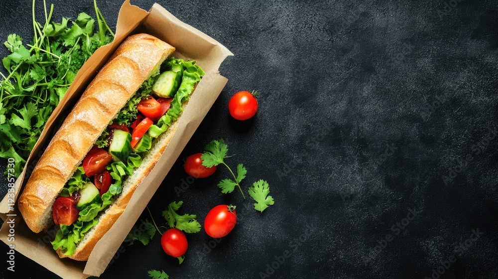 Poster fresh vegetable sandwich in paper lunch container on dark background with tomatoes and herbs providi