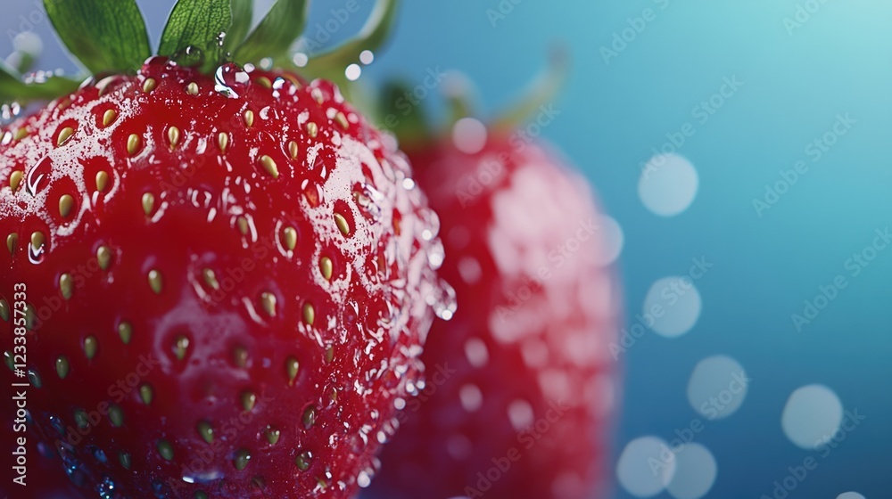 Poster close up of fresh strawberries glistening with water droplets against a soft bokeh background ideal 
