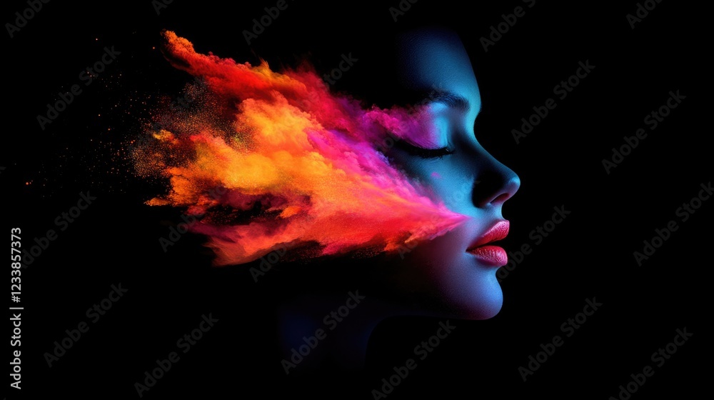 Poster Vibrant Color Explosion Creating Artistic Face Silhouette with Blank Space for Text Overlay