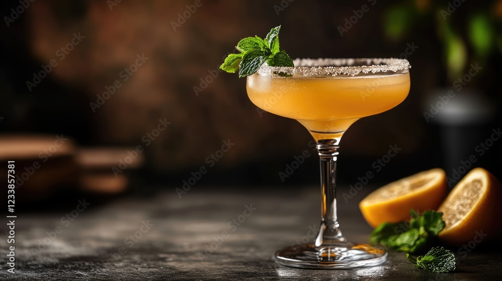 Poster traditional mexican margarita served in a glass with fresh mint and lemon slices on a rustic backgro