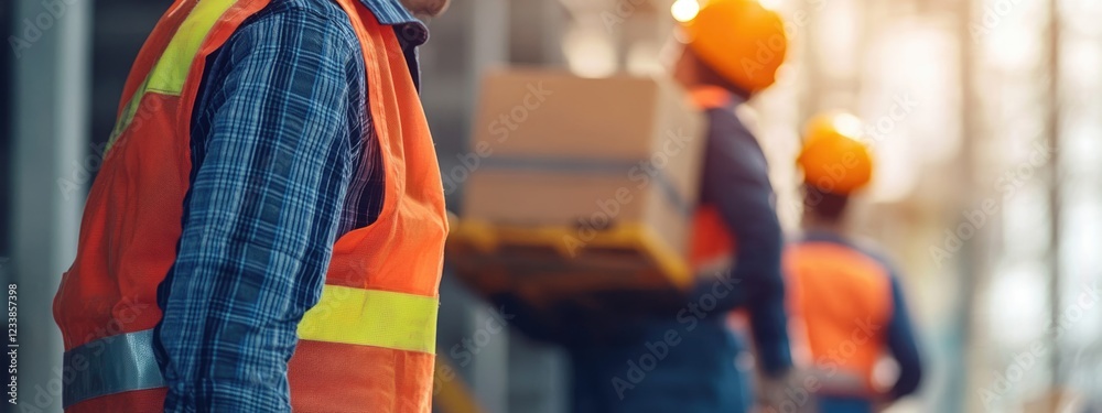 Poster warehouse workers in safety vests managing inventory with empty space for custom text in modern ware