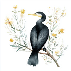 Obraz premium Illustration of the Cormorant sitting on the branch, soft watercolor tones, white background, detailed illustration, cartoonish.