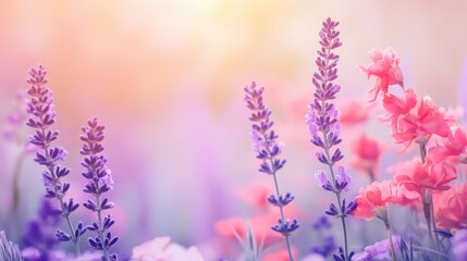 Naklejka premium Vibrant Blooming Flower Garden with Coral and Purple Flowers and Soft Background for Text Placement