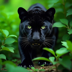 A black panther hiding in bushes