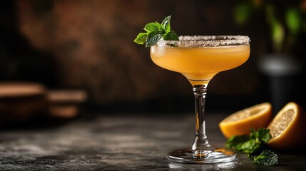 Traditional Mexican Margarita served in a glass with fresh mint and lemon slices on a rustic background with space for text or graphics