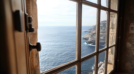 Cozy window with glass and metal locks framing a serene sea view on a bright day