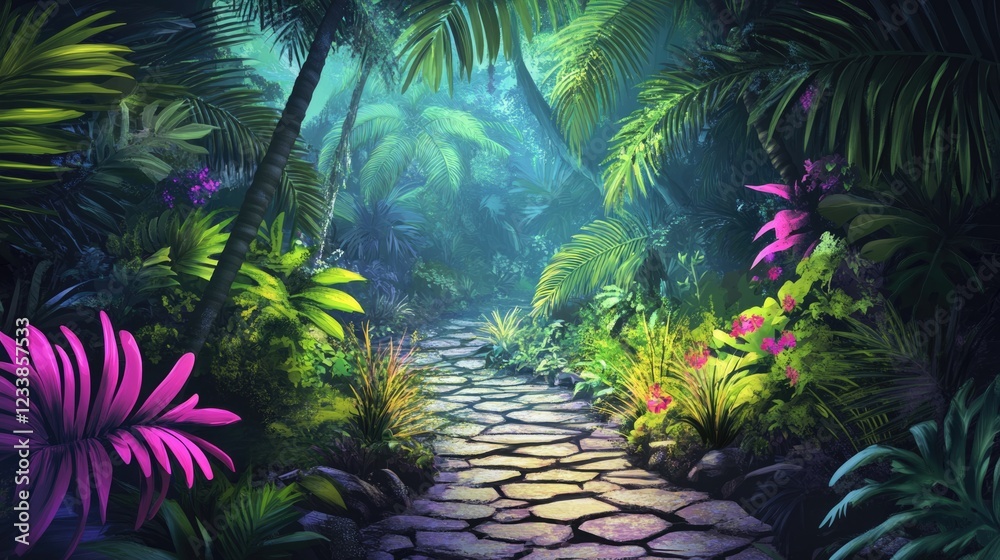 Poster Lush tropical jungle scene with vibrant foliage and stone pathway inviting exploration with ample space for text or messages