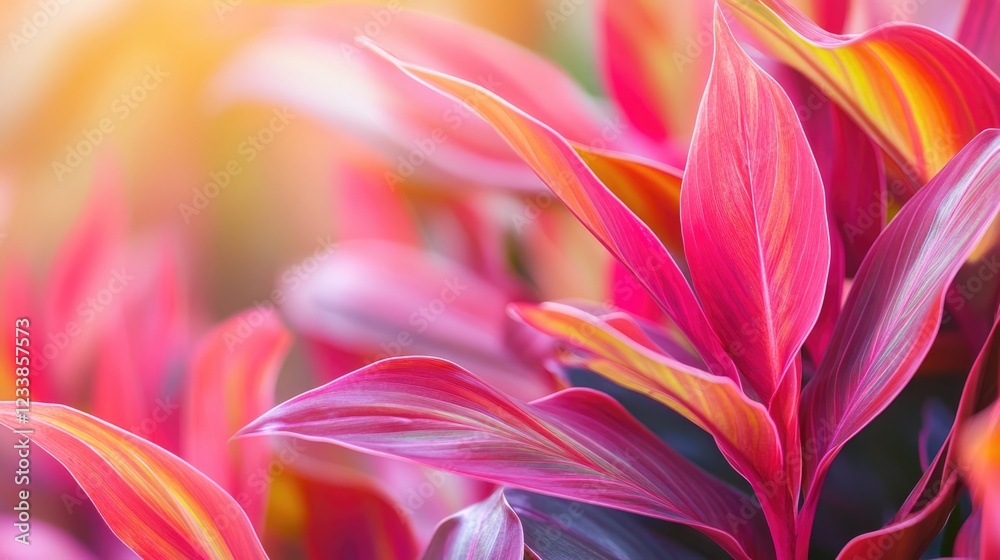 Poster Lush Tropical Foliage Close Up with Vibrant Color Palette and Empty Space for Text Overlay