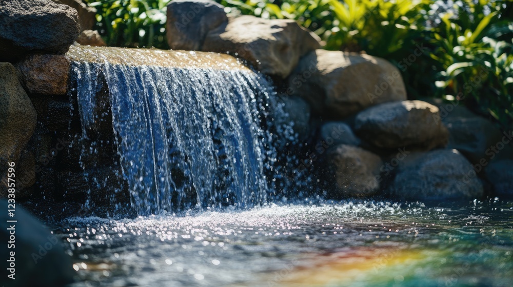 Aufkleber Serene waterfall cascading into a colorful pool surrounded by lush greenery with ample space for text overlay.