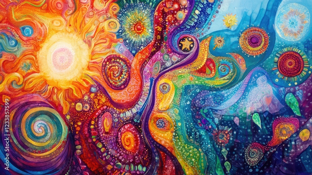 Aufkleber Dynamic Abstract Art Representing the Brainstorming Process and Creative Flow with Bright Colors and Spirals