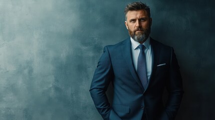Fototapeta premium Handsome bearded businessman wearing watch, trendy suit and vest in modern studio against grey wall.