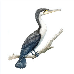 Fototapeta premium Illustration of the Cormorant sitting on the branch, soft watercolor tones, white background, detailed illustration, cartoonish.