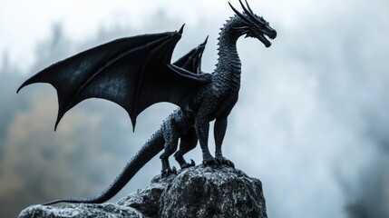 Fototapeta premium Majestic winged black dragon symbolizing fantasy with misty backdrop and ample space for text or captions.