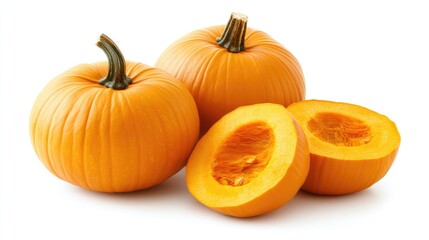 Whole and sliced pumpkins isolated on a white background showcasing vibrant orange color and texture for seasonal and culinary themes