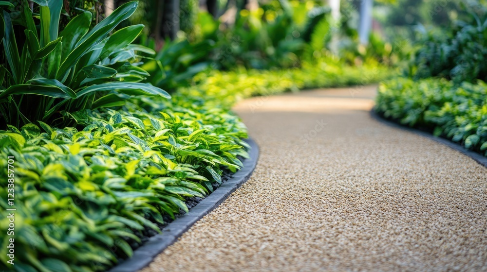 Poster tranquil garden pathway lined with lush green plants and clear space for text or captions in a seren