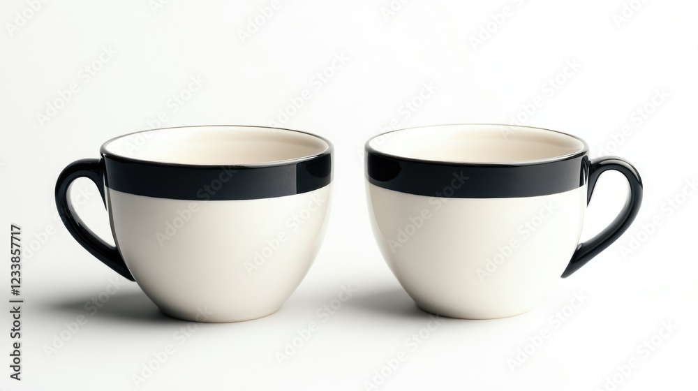 Poster two minimalistic empty coffee cups with black and white design on a clean white background.