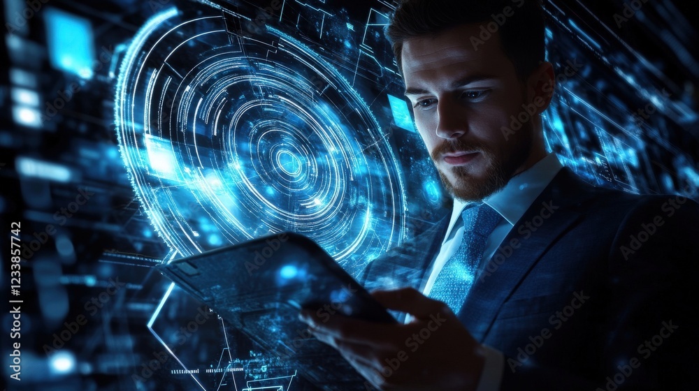 Poster businessman using tablet with futuristic digital interface background