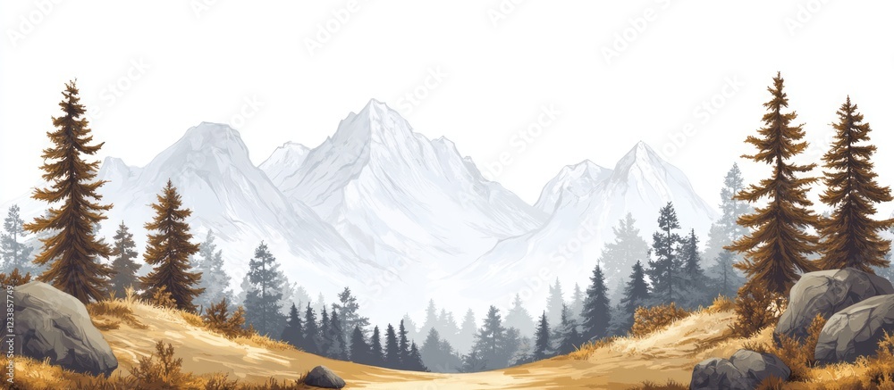 Poster mountain landscape featuring brown coniferous forests with a vast empty space for text and misty pea