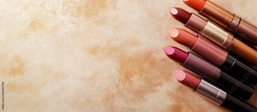 Aufkleber stylish organic metallic lipstick tubes arranged on a neutral background with ample empty space for 